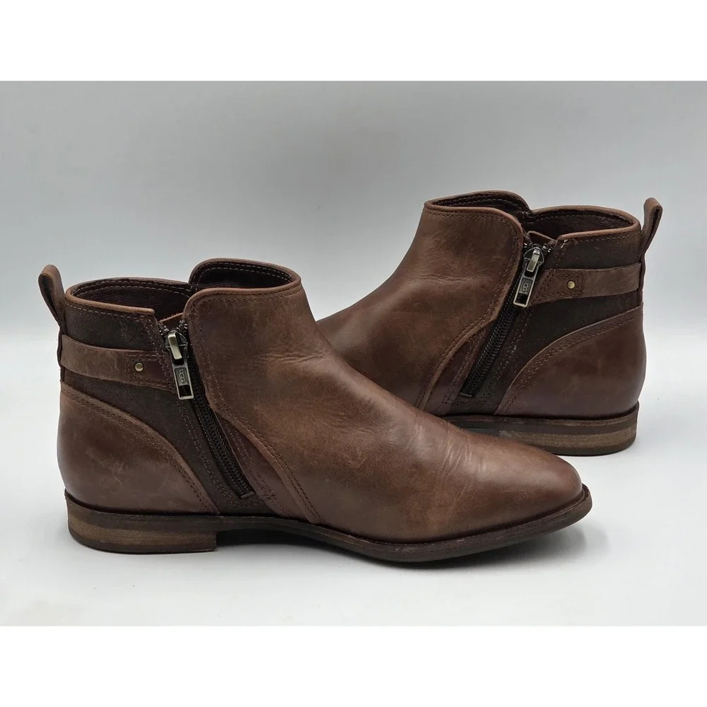 UGG Demi‎ Boot Womens 6 Brown Leather Shearling Lined Ankle Zip Buckle
